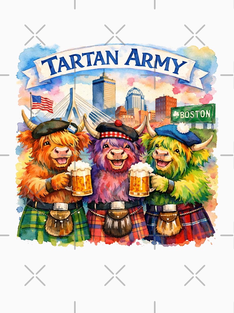 Tartan Army Scottish Highland Cows Celebrating in Boston Massachusetts USA Colorful Watercolor by MaedK