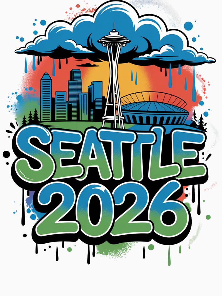 Seattle 2026  Space Needle Stadium Skyline T-Shirt V8 by DarylWelsh2024