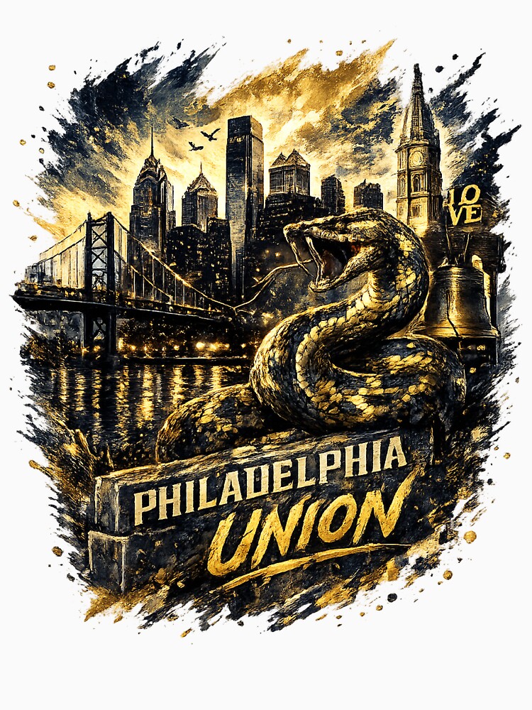 Philadelphia Union Soccer Design Snake Graphic Shirt Philly Skyline Football Fan Art Gold Black Sports Tee Gift for Soccer Lovers by GarnerSupplyCo