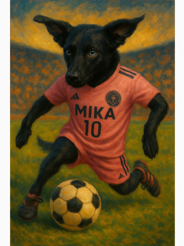 Black Dog Soccer Star in Pink Jersey – Mika #10 Oil Painting by Wag & Whimsy