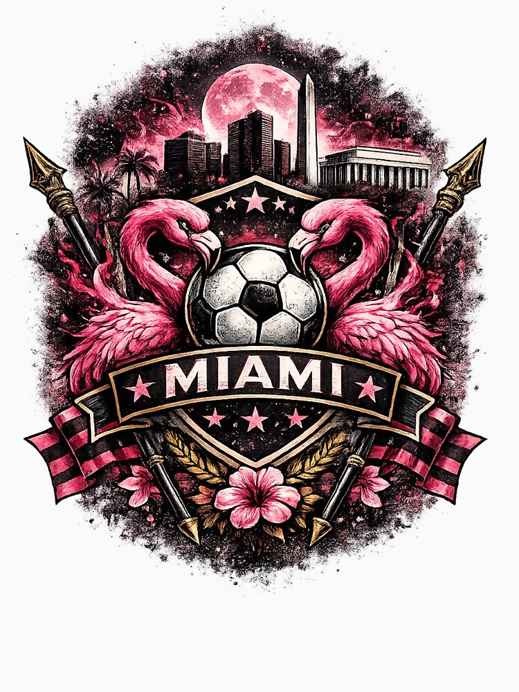 Miami Football Crest Design – Flamingo Soccer Artwork, Pink City Skyline Graphic, Miami Fan Apparel, USA Sports Crest Design by GarnerSupplyCo