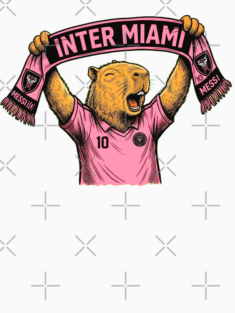Capybara Inter Miami Fan Celebrating – Funny Soccer Illustration with Scarf by Golden Chaos