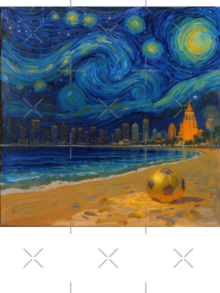 Golden Miami Starry Night Beach Soccer Fine Art Print Impasto Oil Painting by BrickByDream