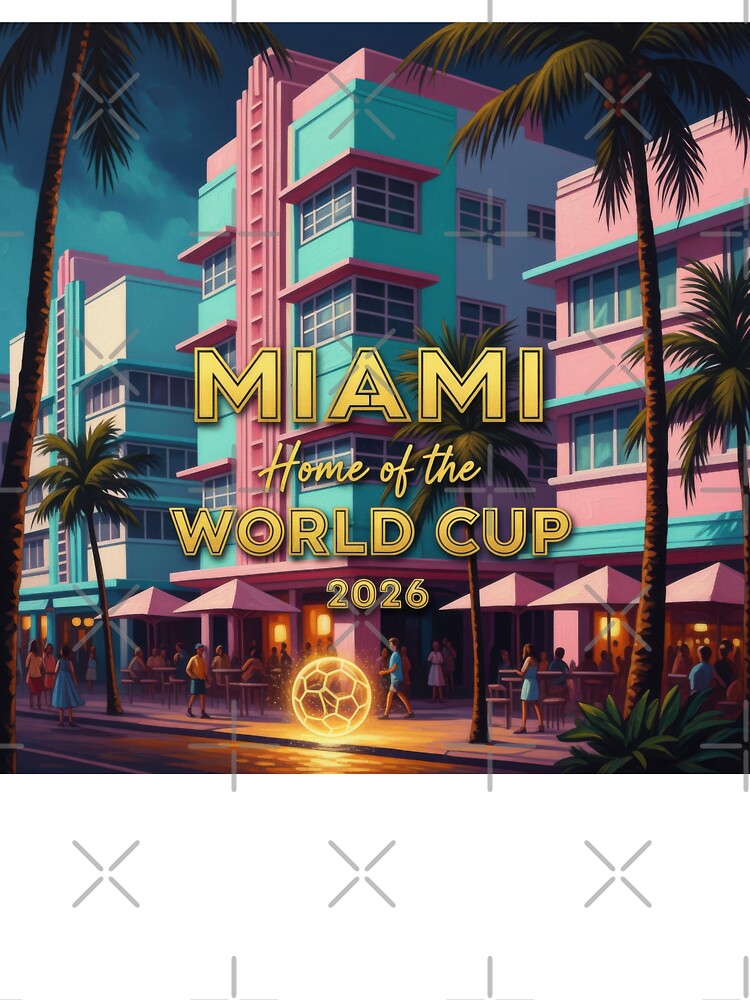 Miami Home of the World Cup 2026 Art Deco Night Soccer Poster — Ocean Drive Neon Print by BrickByDream