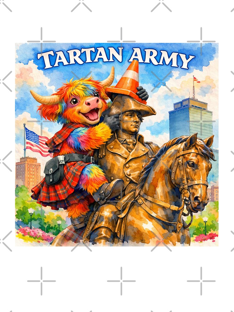 Tartan Army Scottish Highland Cow Celebrating in Boston Massachusetts USA Colorful Watercolor by MaedK