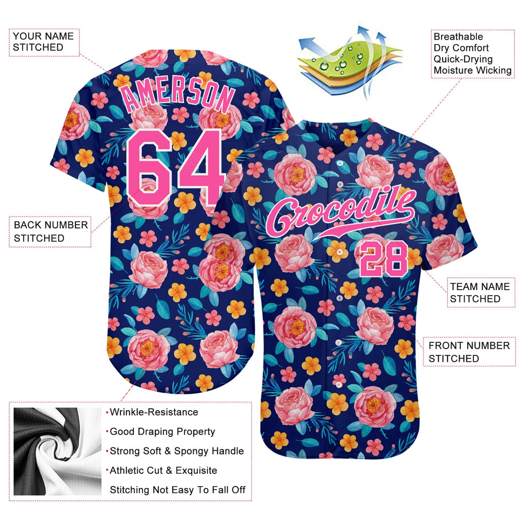 Custom Royal Pink-White 3D Pattern Design Flowers Authentic Baseball Jersey