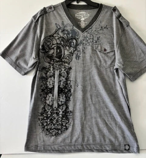 Authentic Denim & Rivets Gray Black Short Sleeve V Neck T Shirt XL Graphic Urban