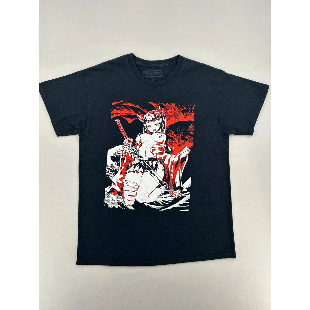 Bad Habits Mens Anime Katana Graphic T-Shirt Black Large Streetwear