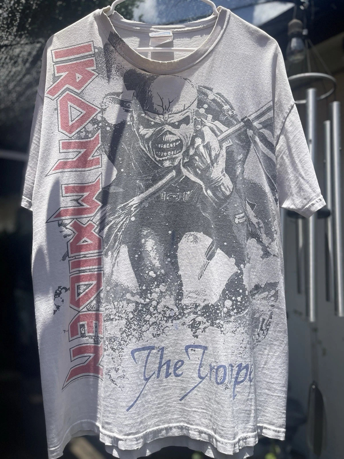 Vintage 2000s THRASHED Iron Maiden THE TROOPER AOP All Over Print Tee Size L