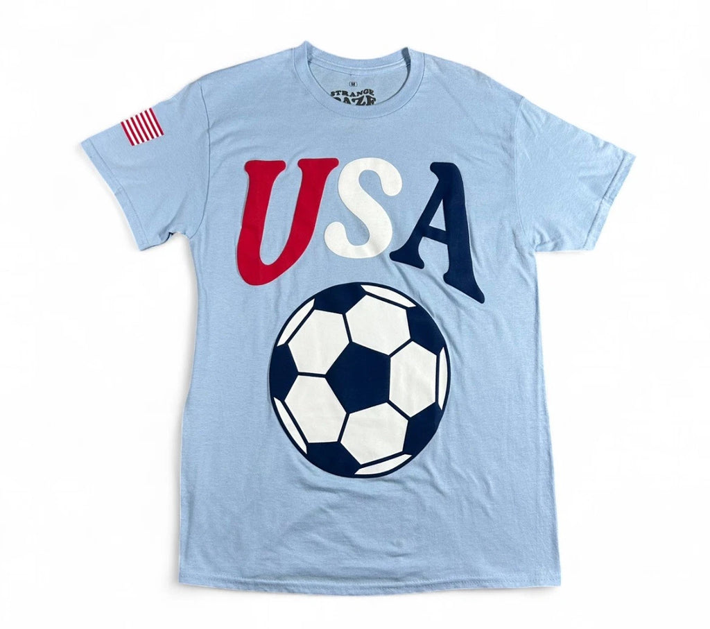 STRANGE DAZE USA SOCCER BALL BABY BLUE PUFF PRINT T-SHIRT