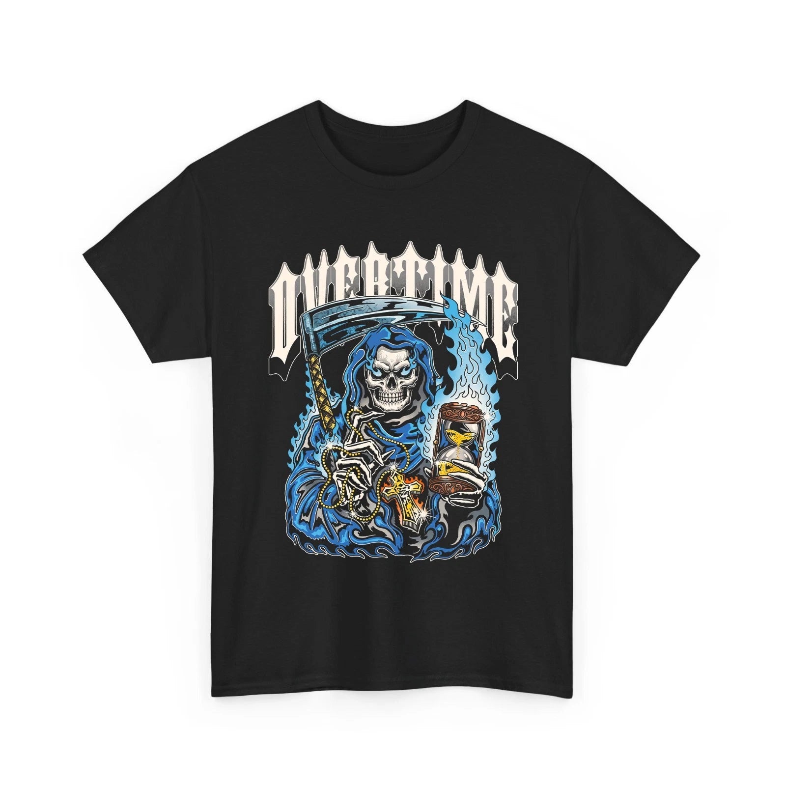 Grim Reaper Overtime Hourglass Blue Flames Dark Streetwear Graphic Tee