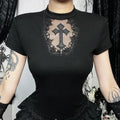 Gothic Aesthetic Cross Mesh Patchwork Black T-Shirt