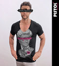 Pistol Boutique men's Black Fitted Deep V neck GRAFFITI TATTOOS STATUE T-shirt