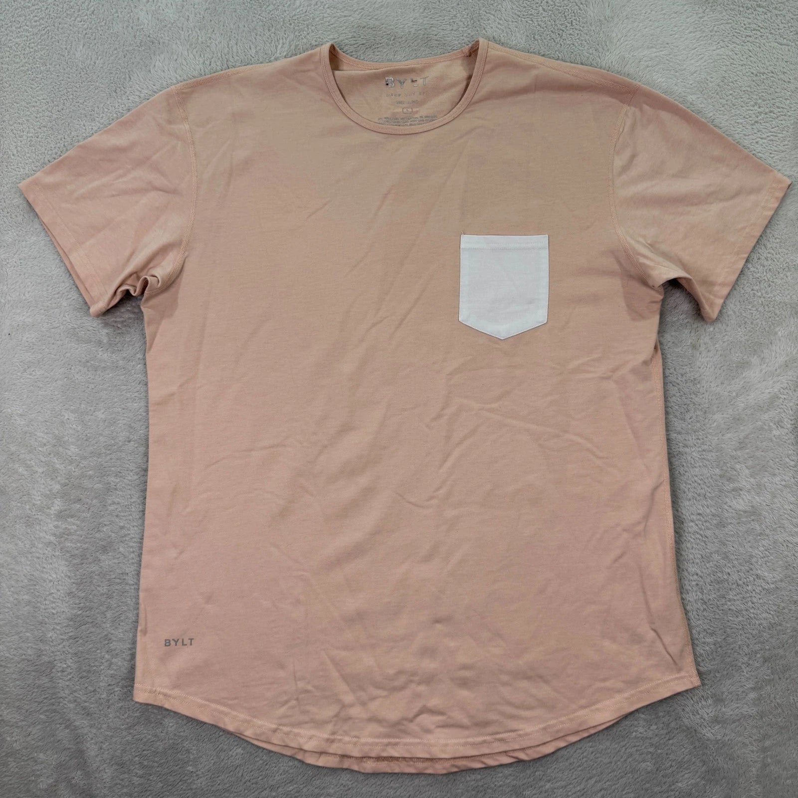 BYLT Basics Mens Large Drop Cut SS T-Shirt Peach Pink White Pocket Curved Hem