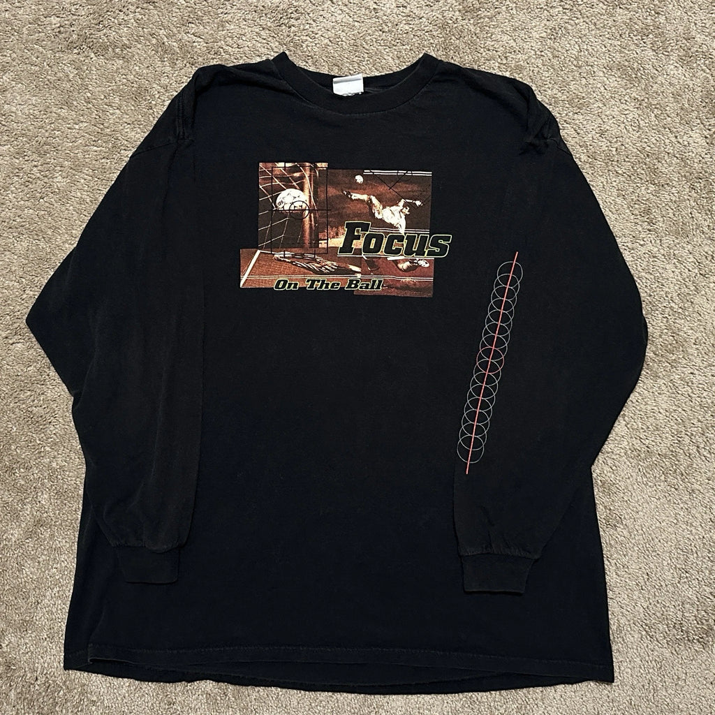 Vintage Soccer Shirt Mens 2XL Focus On The Ball Graphic Print Long Sleeve Black