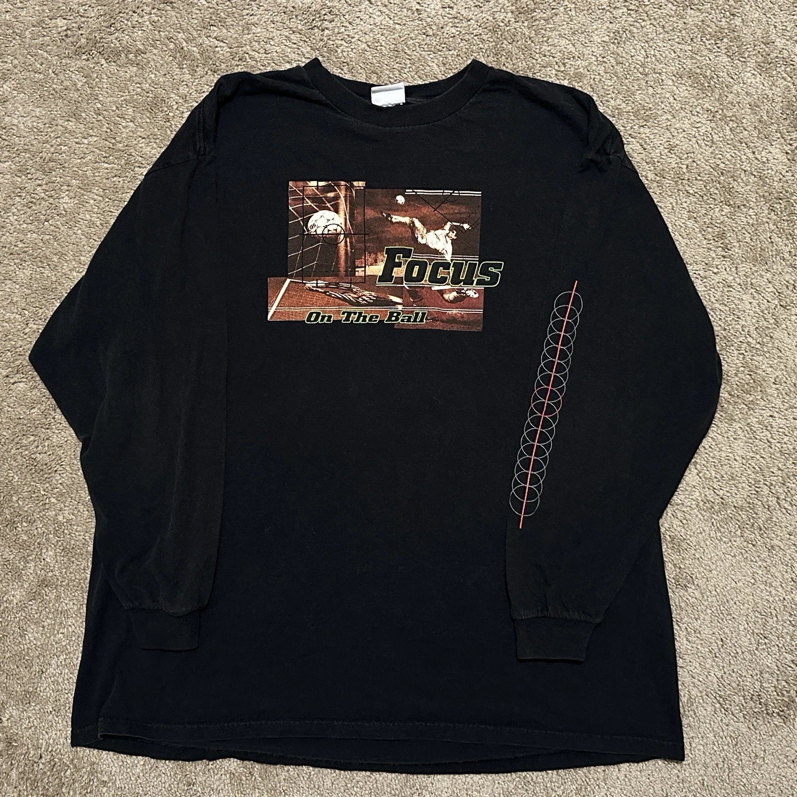 Vintage Soccer Shirt Mens 2XL Focus On The Ball Graphic Print Long Sleeve Black