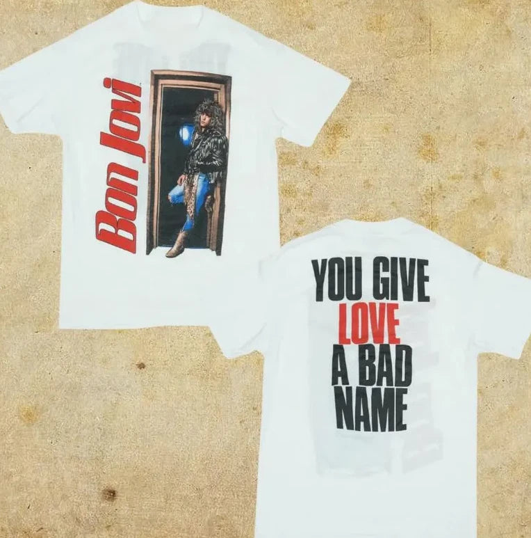 Double Sided 1986 BonJovi You Give Love A Bad Name Shirt Vintage 90s Bootleg Uni