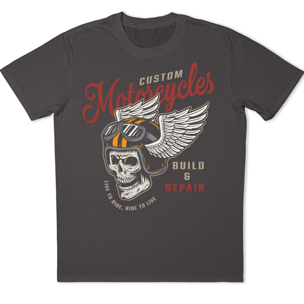 Skull Biker T-Shirt Motorcycle Wings Helmet Custom Build Ride Repair Graphic Tee