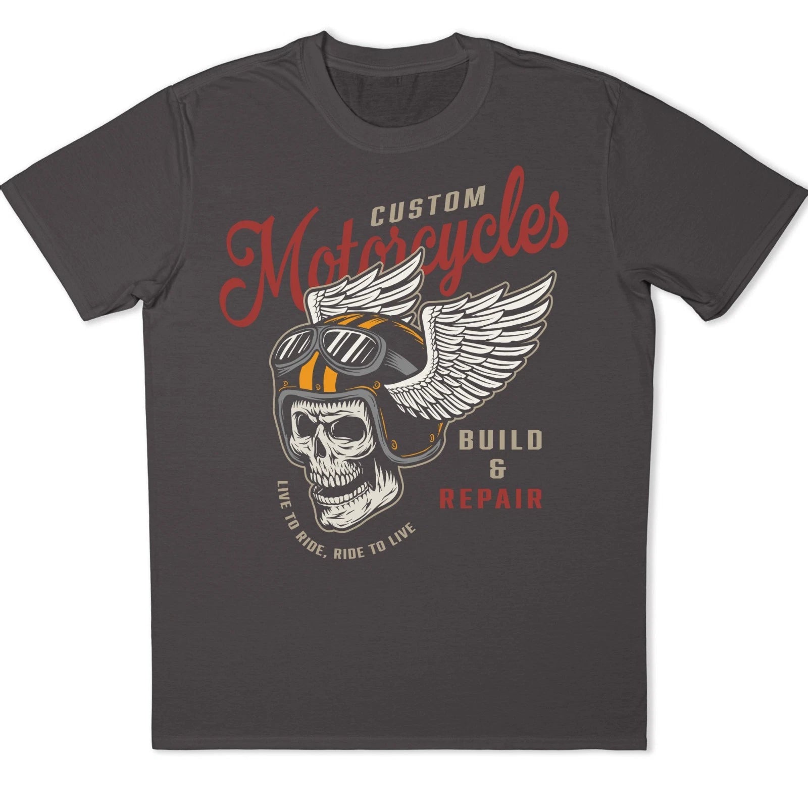 Skull Biker T-Shirt Motorcycle Wings Helmet Custom Build Ride Repair Graphic Tee