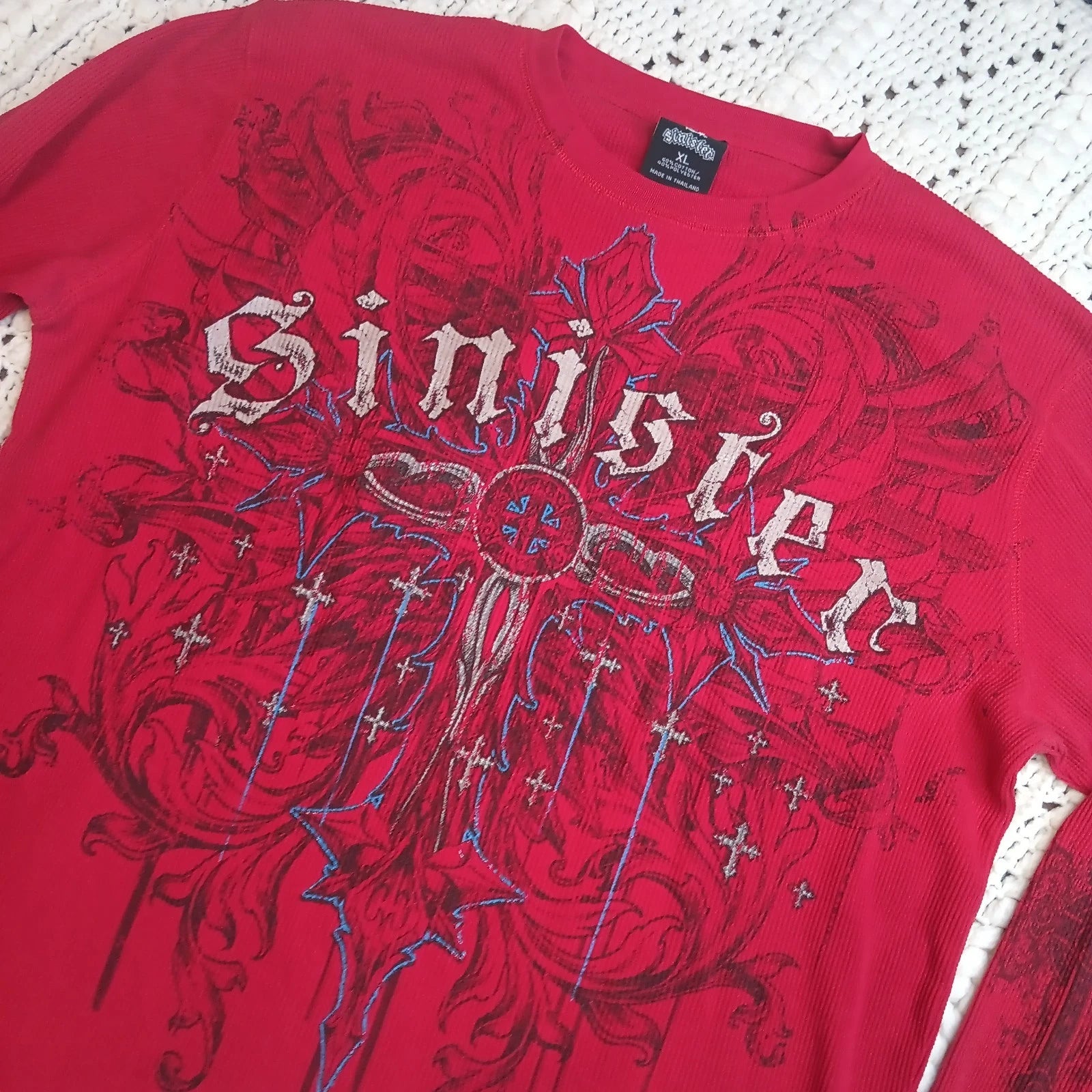 Sinister Y2K Mens XL Grunge Red Thermal Affliction Style Shirt Cross Long Read