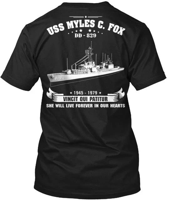 USS Myles C. Fox DD 829 Tee T-Shirt Made in the USA Size S to 5XL