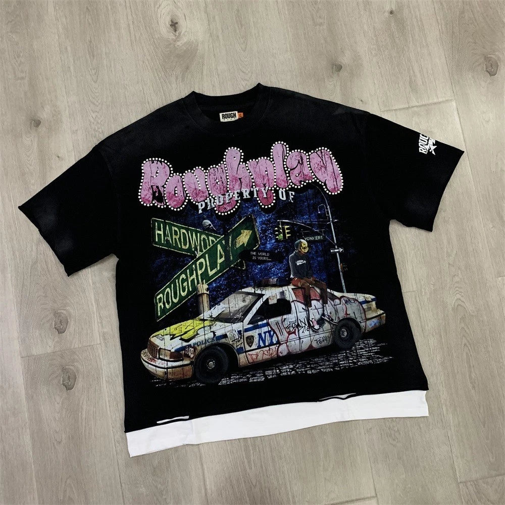 RoughPlay Washed Vintage Retro Print Beaded Patchwork T-Shirt
