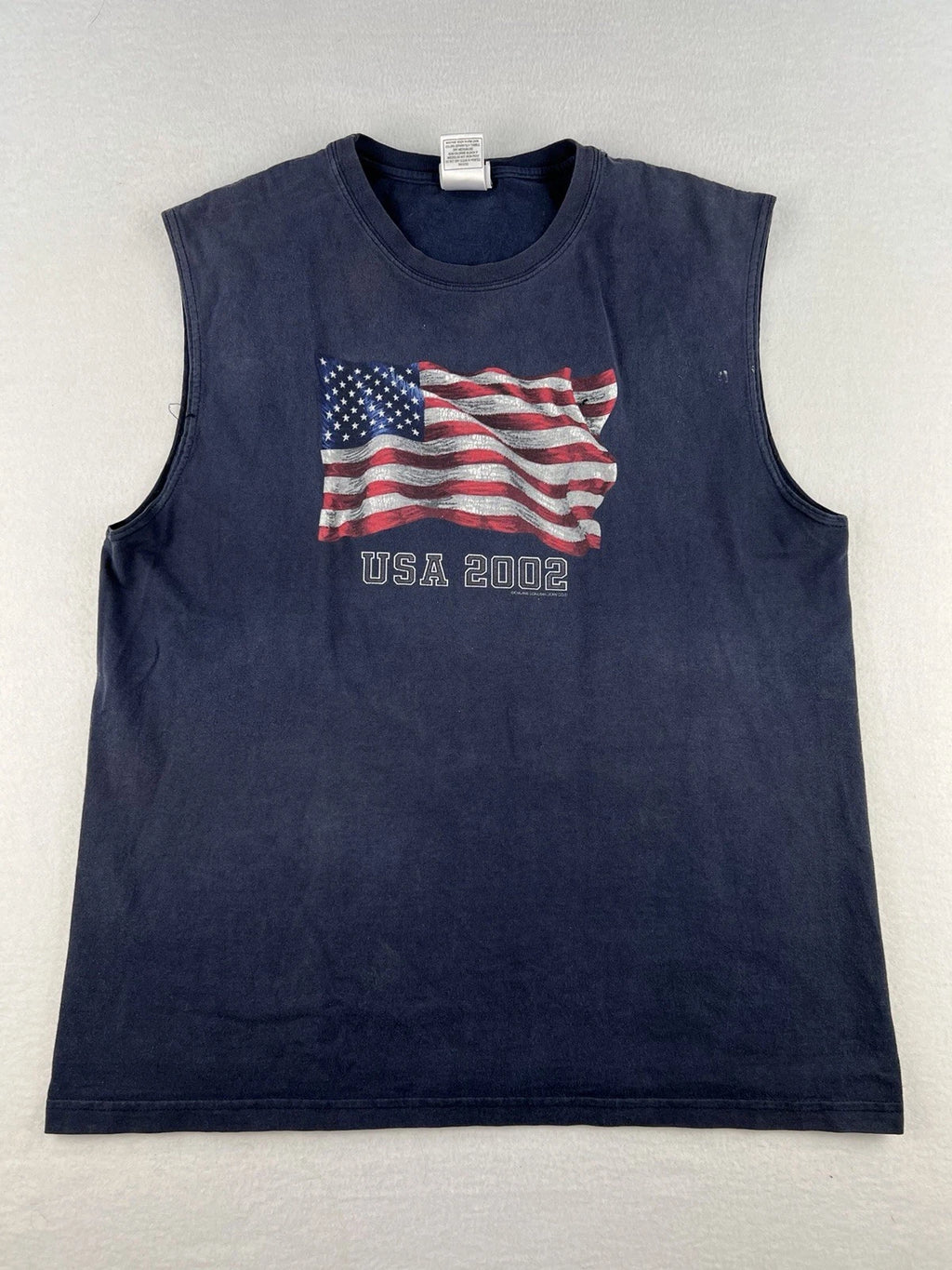 Vintage Y2K 2002 USA Flag Sonoma T-Shirt Cut Sleeves Navy Blue Men Size L
