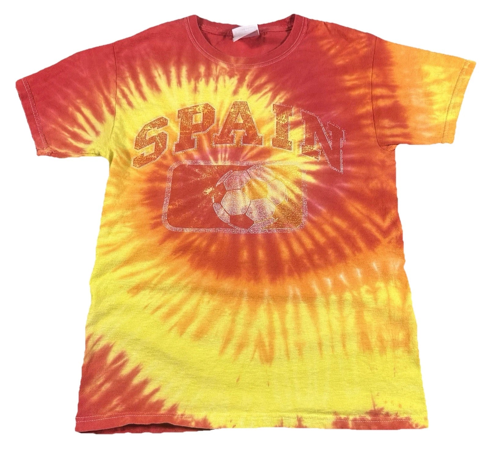 Y2K Spain Tie Dye Red Yellow Soccer Ball Graphic T Shirt Size S Hanes Soccer Tee