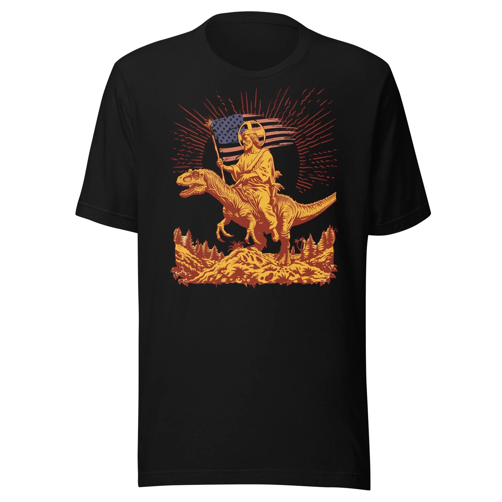 Jesus Riding Dinosaur Shirt Funny USA American Flag Christian Patriotic Humor