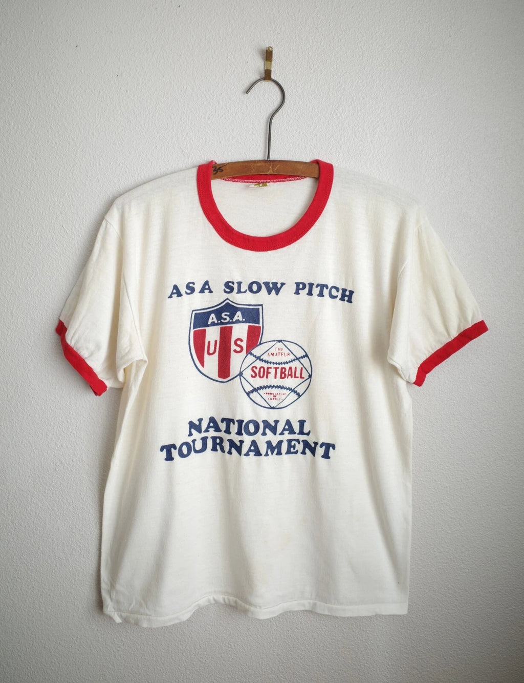 Vintage 70s Russell Athletic ASA Slow Pitch Tournament Ringer T-Shirt Size M EUC