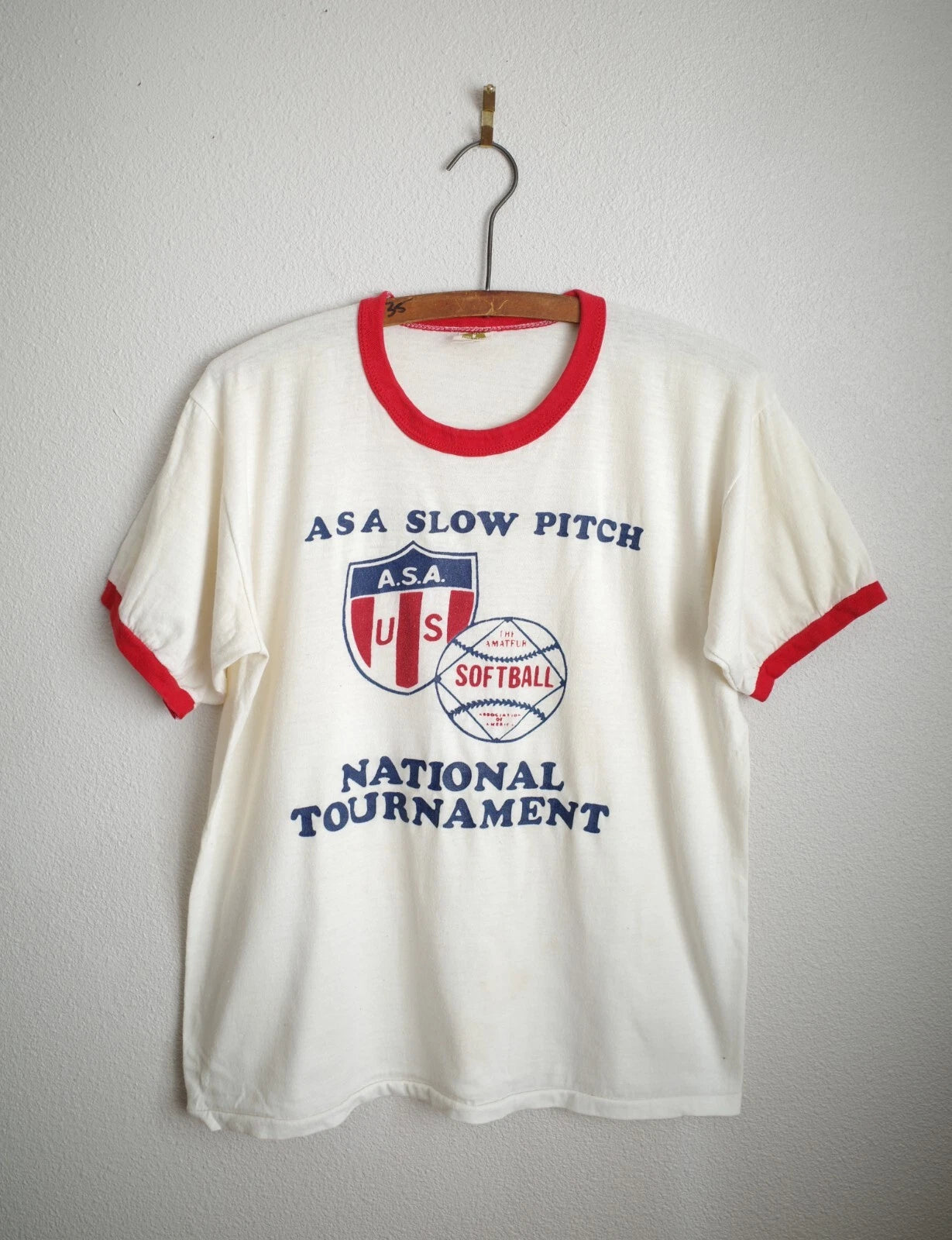 Vintage 70s Russell Athletic ASA Slow Pitch Tournament Ringer T-Shirt Size M EUC