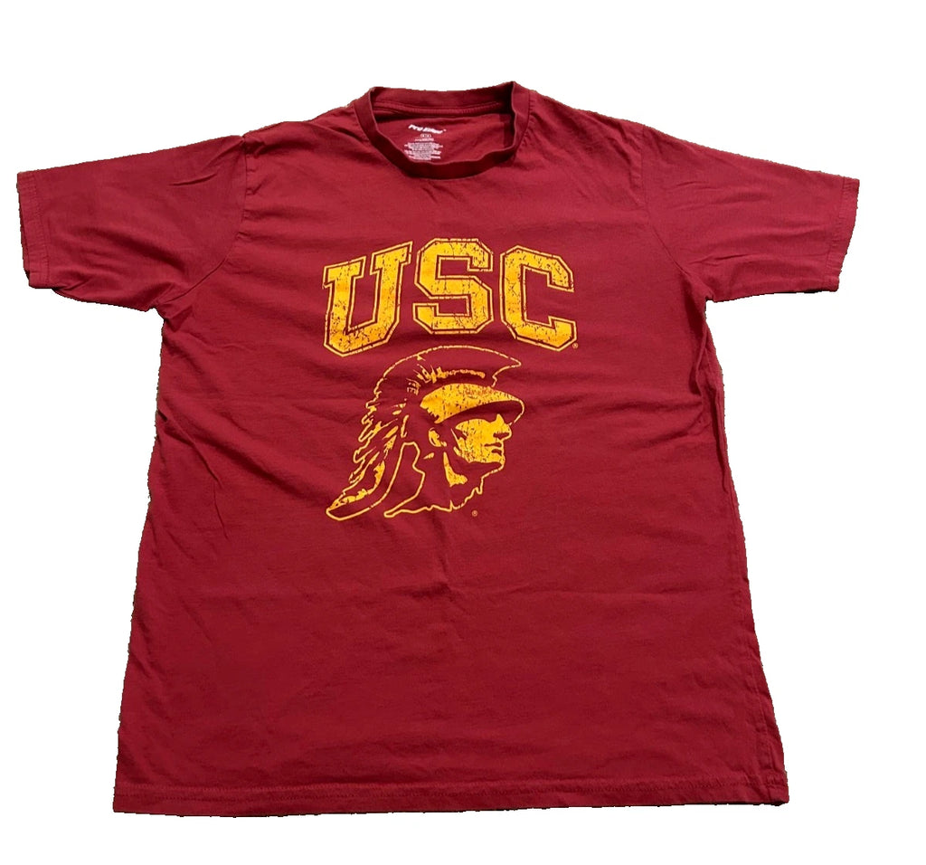 Pro Edge USC T-Shirt Red With Gold Trojan Mascot Maroon Sz M 100% Cotton NCAA