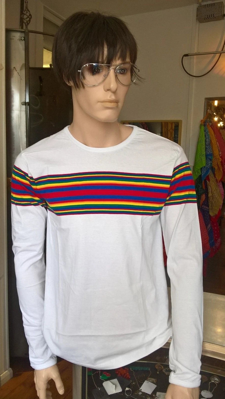 mens new 60's/70's vintage retro mod style white t shirt with rainbow stripes