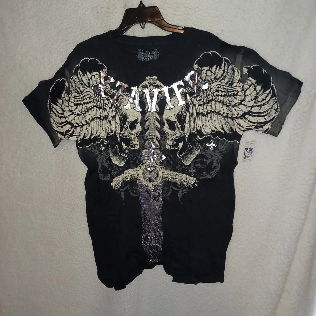 Xzavier Men XL Black Graphic Tee Shirt Black Skull Sword Cross Gothic Biker (GV)