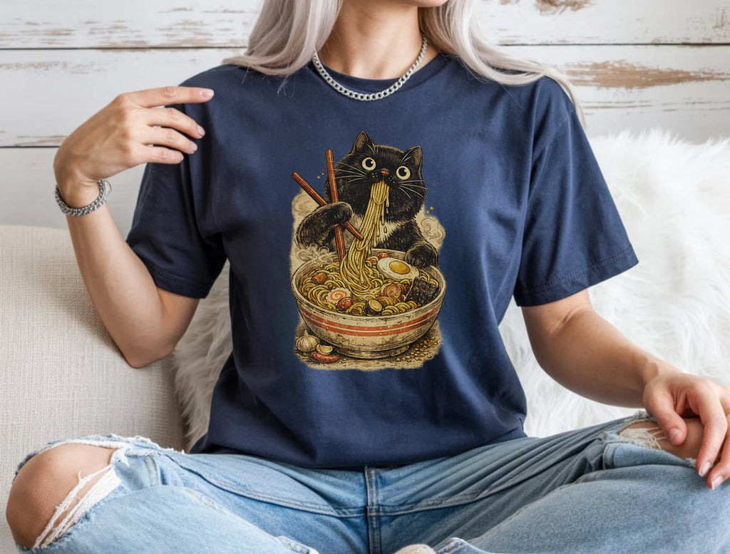 Funny Cat Ramen Noodles T-Shirt Kawaii Japanese Food Lover Graphic Tee Cute