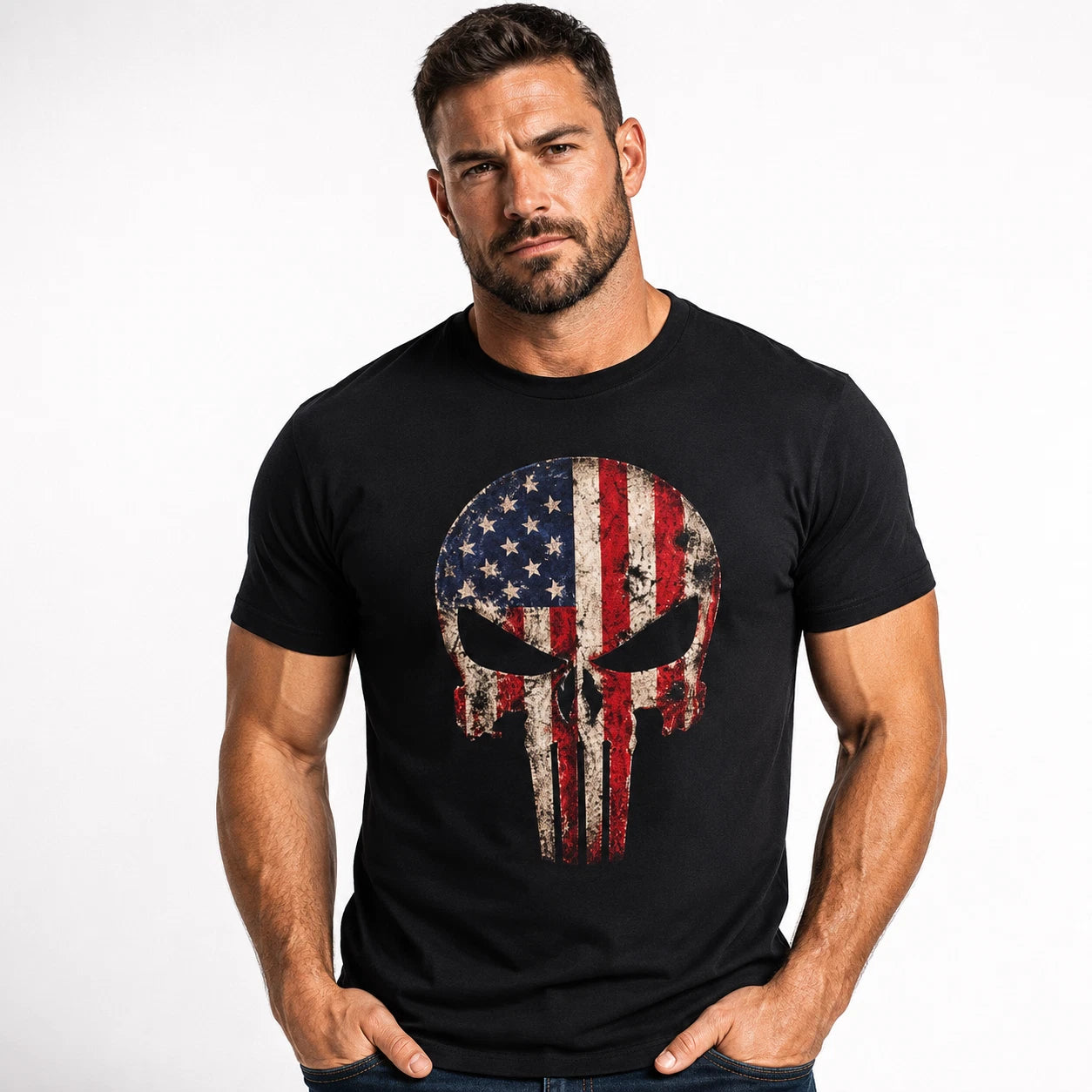 Mens American Flag Skull Punisher Style T Shirt Patriotic Tee Black