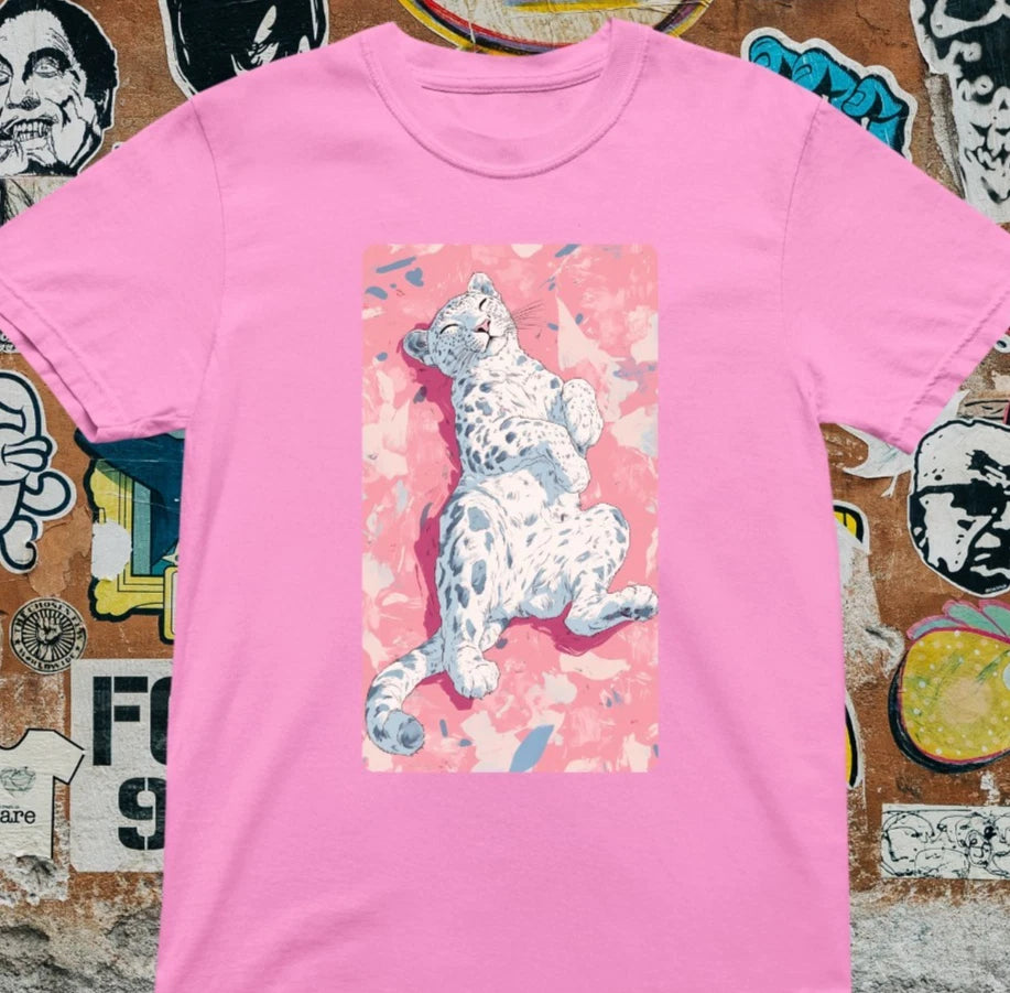 Snow Leopard T-Shirt - Pink Abstract Art Animal Tee, Aesthetic Wildlife Graphic
