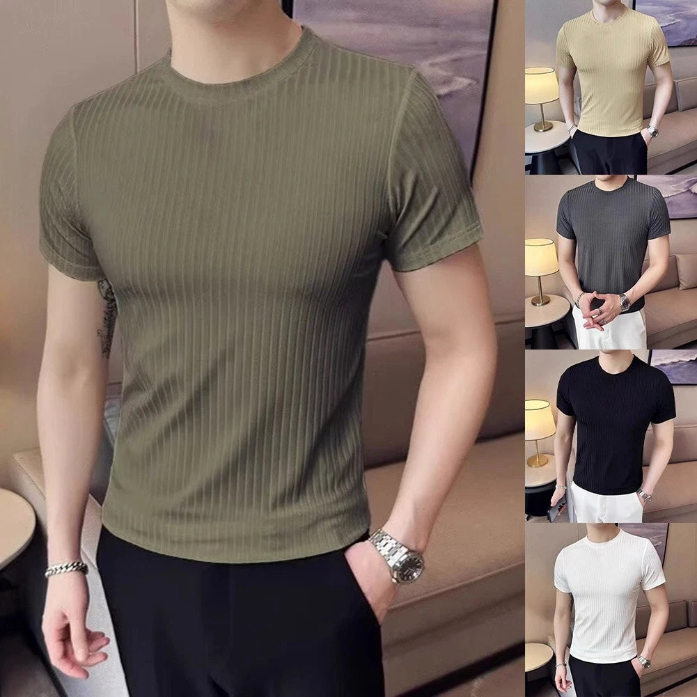 Men Slim Fit Short Sleeve T-Shirt Ribbed Crew Neck Breathable Stretchy Top