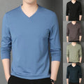 Brown Muscle Workout Tee Top Blouse for Men Slim Fit V Neck Long Sleeve T Shirt