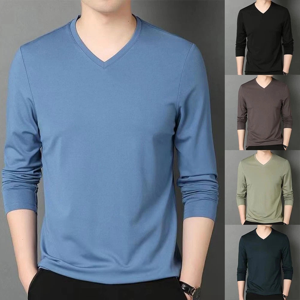 Brown Muscle Workout Tee Top Blouse for Men Slim Fit V Neck Long Sleeve T Shirt