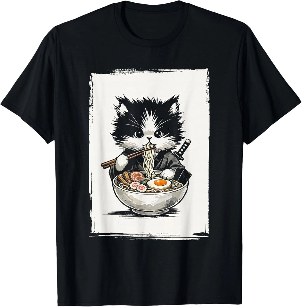 Samurai Cat Japanese Art Ramen Novelty Kawaii Funny Cat T-Shirt
