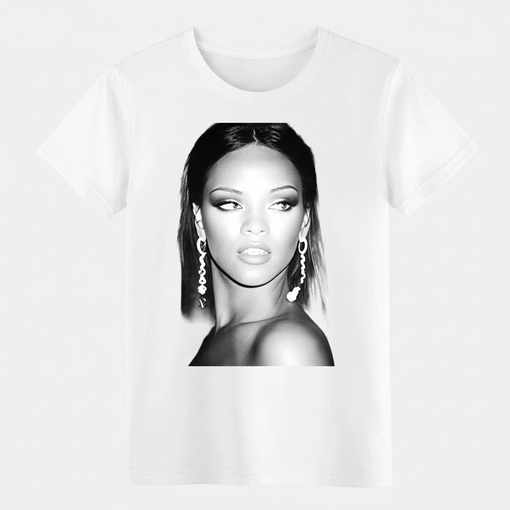Rihanna Black and White Portrait Graphic T-Shirt,Music Fan Streetwear Cotton Tee