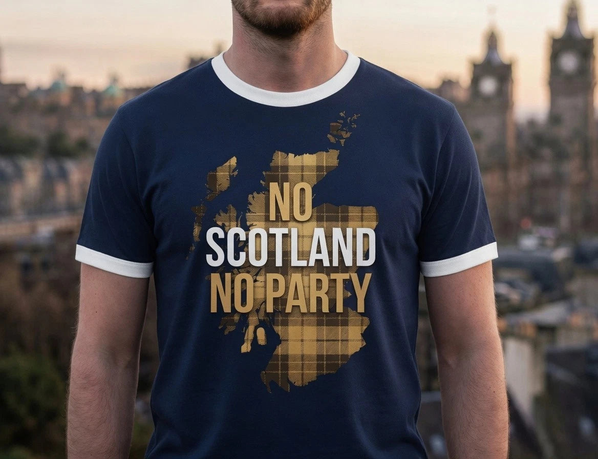 No Scotland No Party SCOTTISH Flag Mens t-shirt Ringer Navy Gold