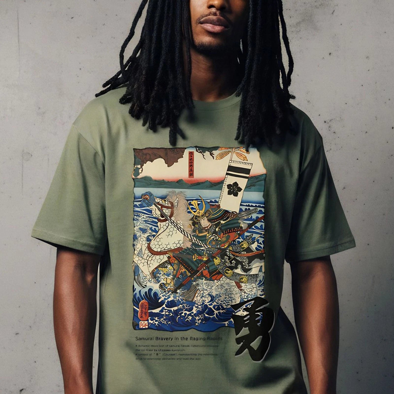 Japanese Vintage Samurai Graphic T-Shirt Ukiyo-e Art Bravery Kanji Tee Kuniyoshi