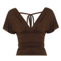 V Neck Ruffle Short Sleeve T-Shirt For Women Tie Back Slim Fit Cinched Waist Top