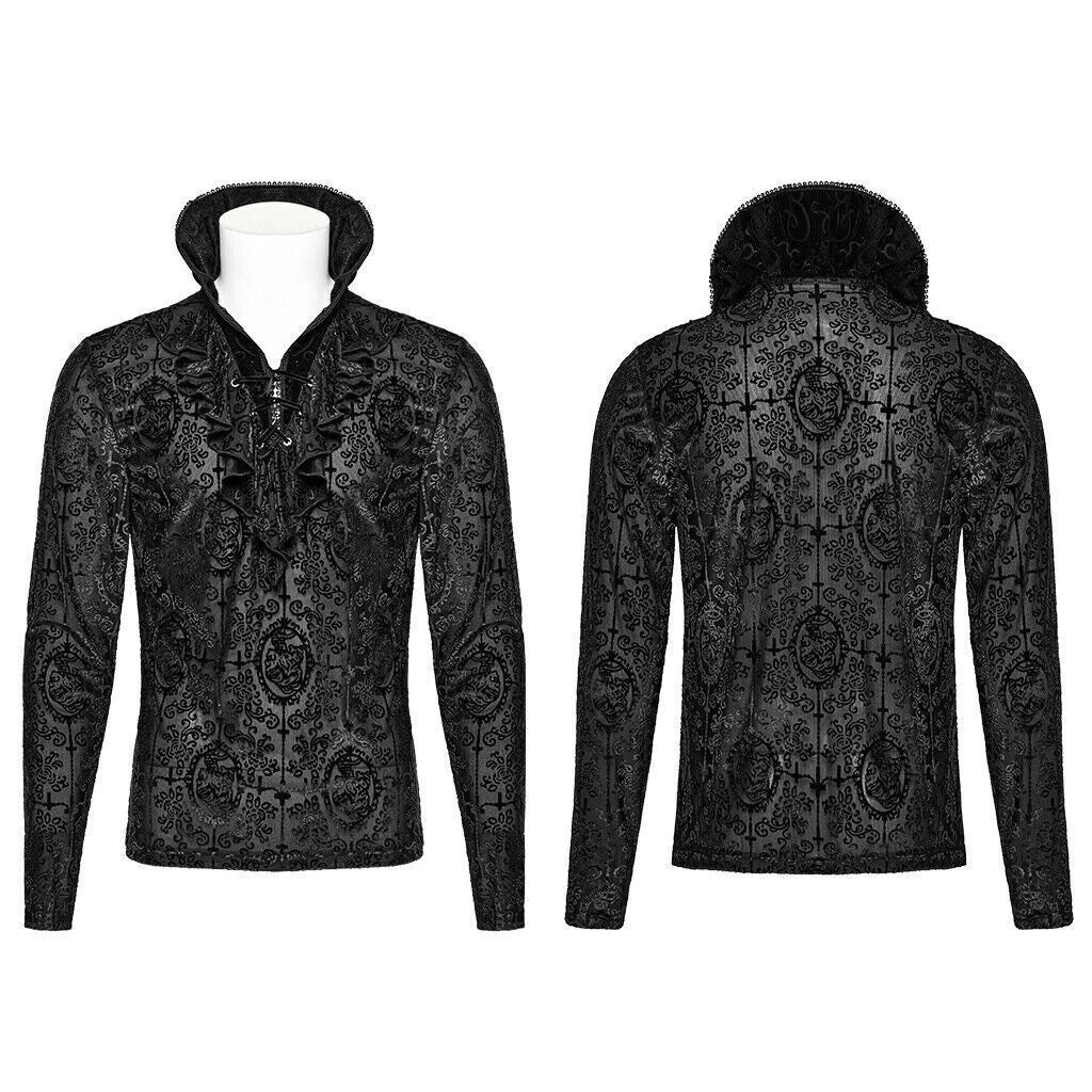 PUNK RAVE Black Gothic Retro Ruffled High Collar Pattern Velvet Shirt Men Top