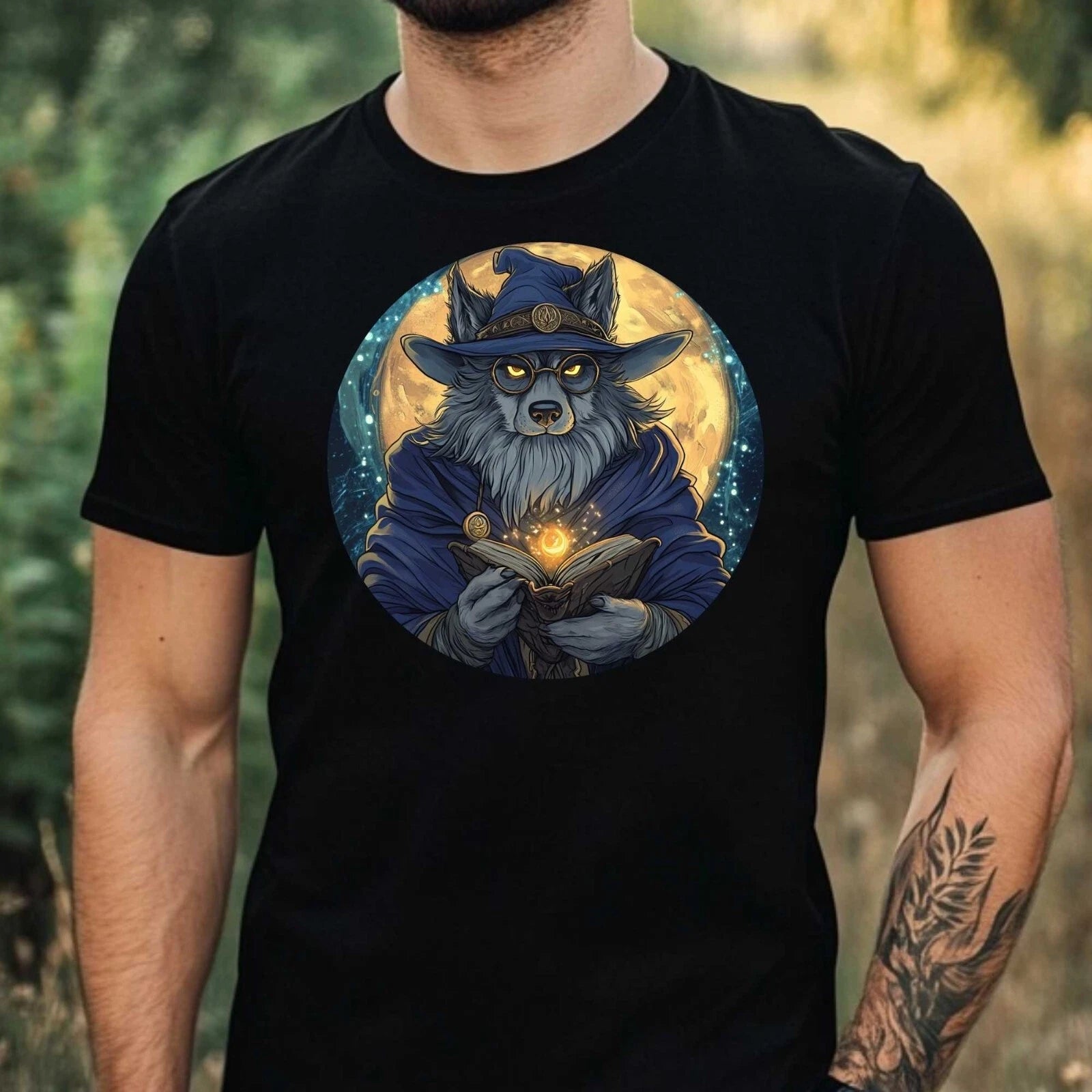 Men's Magic Wolf Wizard Motif Cotton T-Shirt Size XS to 5XL