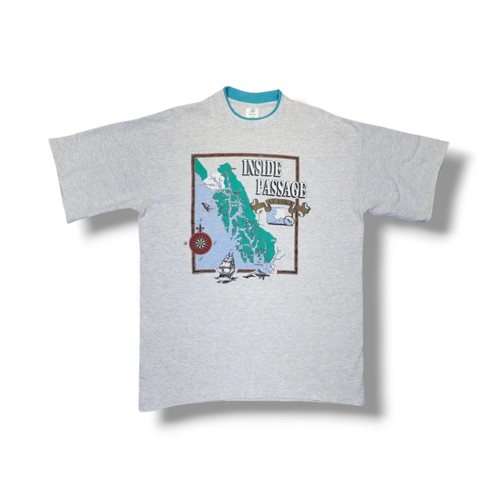 Vintage BELTON Inside Passage Alaska Map Single Stitch T-Shirt Men's XL USA Made