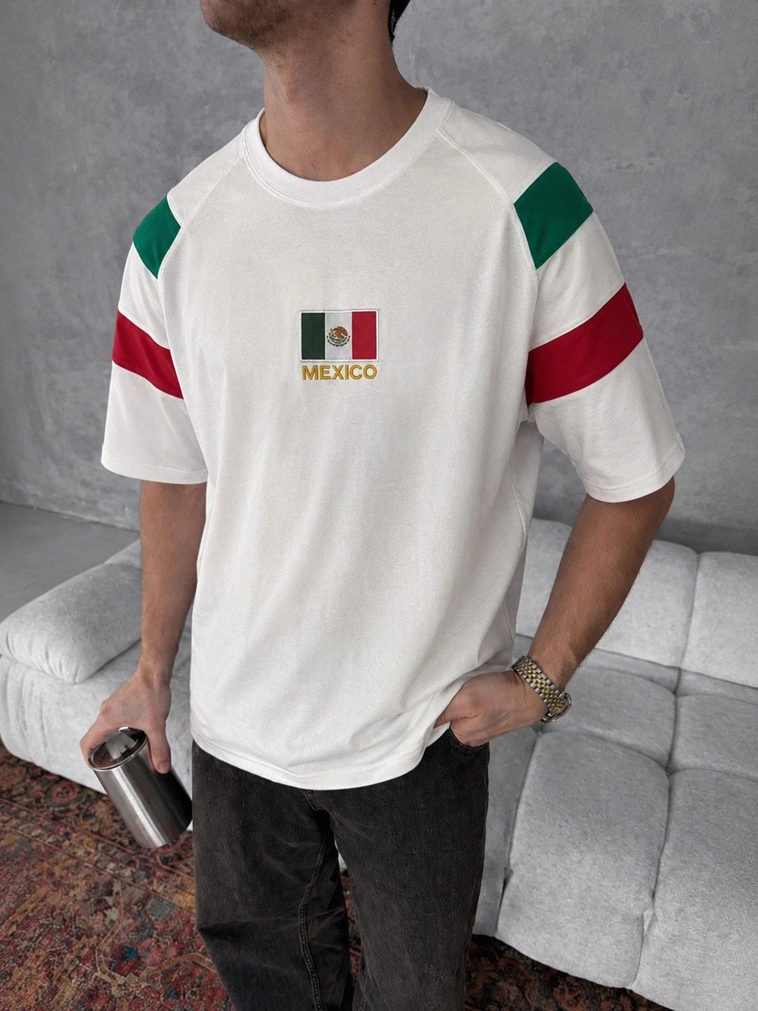 Vintage Mexico Flag Embroidered Oversized Football T-Shirt, Retro Soccer Streetw