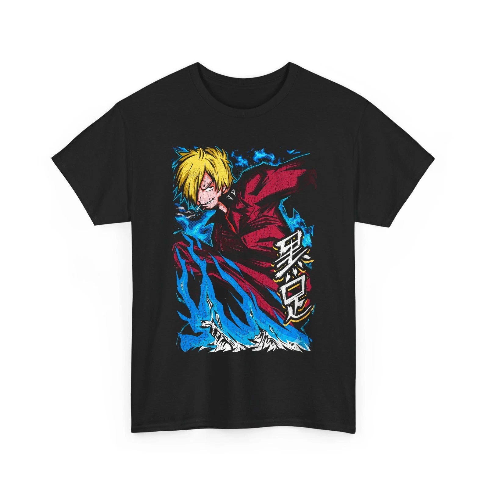 Japanese Streetwear Fire Kick Skull T-Shirt Blue Aura Kanji Graphic Tee Men